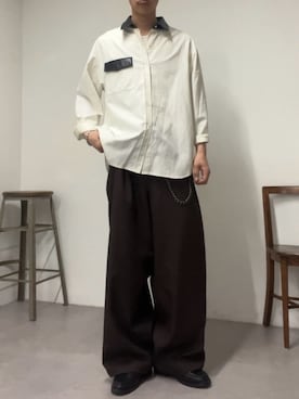 「CIAOPANIC（チャオパニック）のレザー切り替えストライプシャツ（シャツ/ブラウス、ホワイト系）」を使った、Shota Matsuokaさん（メンズ・180cm）の冬コーディネート