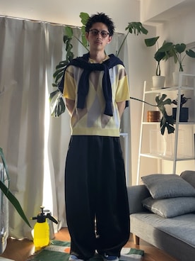 「CIAOPANIC（チャオパニック）のアーガイルスキッパーサマーニットポロシャツ（ポロシャツ、イエロー系）」を使った、Shota Matsuokaさん（メンズ・180cm）の春コーディネート