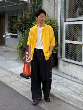 「CIAOPANIC（チャオパニック）のバーズアイサマーニット前開きポロシャツ（Knitwear、イエロー系）」を使った、Shota Matsuokaさん（メンズ・180cm）の春コーディネート