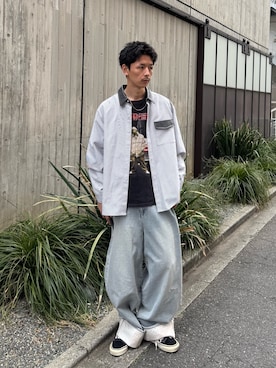 「CIAOPANIC（チャオパニック）のレザー切り替えストライプシャツ（シャツ/ブラウス、グレー系）」を使った、Shota Matsuokaさん（メンズ・180cm）の春コーディネート