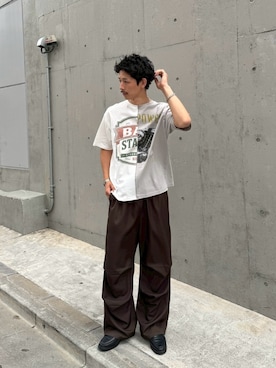 「CIAOPANIC（チャオパニック）のドッキングプリントTシャツ（Tシャツ/カットソー、ホワイト系）」を使った、Shota Matsuokaさん（メンズ・180cm）の夏コーディネート