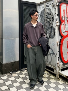 「CIAOPANIC（チャオパニック）のストラップ付スウェットポロシャツ（Tシャツ/カットソー、グレー系）」を使った、Shota Matsuokaさん（メンズ・180cm）の秋コーディネート
