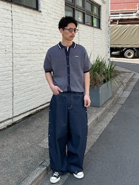 「CIAOPANIC（チャオパニック）のスター刺繍スタッズデニムパンツ（Denim pants、ブルー系）」を使った、Shota Matsuokaさん（メンズ・180cm）の春コーディネート