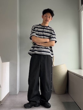「CIAOPANIC（チャオパニック）の（ボーダー/無地）ヘンリーネックアソートTシャツ（T Shirts、グレー系）」を使った、Shota Matsuokaさん（メンズ・180cm）の春コーディネート