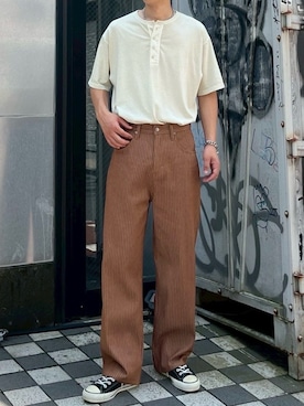 「CIAOPANIC（チャオパニック）の【cian denim/シアンデニム】ルーズストレートデニム（デニムパンツ、ブラウン系）」を使った、Shota Matsuokaさん（メンズ・180cm）の夏コーディネート
