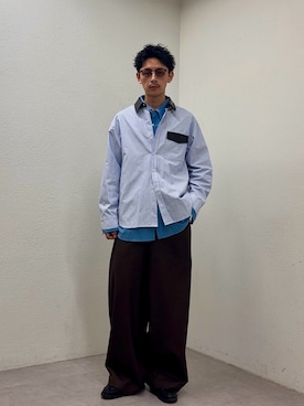 「CIAOPANIC（チャオパニック）のレザー切り替えストライプシャツ（シャツ/ブラウス、ブルー系）」を使った、Shota Matsuokaさん（メンズ・180cm）の春コーディネート