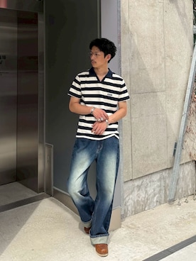「CIAOPANIC（チャオパニック）のボーダースキッパーポロシャツ（Tシャツ/カットソー、ブラック系）」を使った、Shota Matsuokaさん（メンズ・180cm）の夏コーディネート