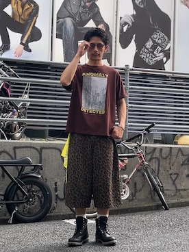 「CIAOPANIC（チャオパニック）のレオパードハーフパンツ（その他パンツ、ブラウン系）」を使った、Shota Matsuokaさん（メンズ・180cm）の夏コーディネート