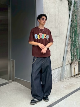 「CIAOPANIC（チャオパニック）のアソートグラフィックTシャツ（Tシャツ/カットソー、ブラウン系）」を使った、Shota Matsuokaさん（メンズ・180cm）の夏コーディネート