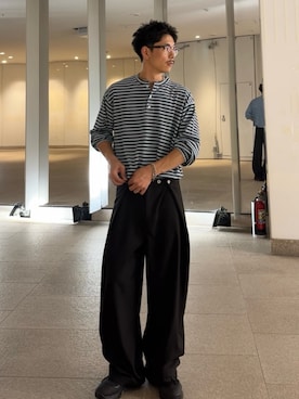「CIAOPANIC（チャオパニック）の無差別スラックス（その他パンツ、ブラック系）」を使った、Shota Matsuokaさん（メンズ・180cm）の夏コーディネート