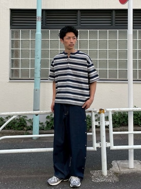 「CIAOPANIC（チャオパニック）の（ボーダー/無地）ヘンリーネックアソートTシャツ（T Shirts、グレー系）」を使った、Shota Matsuokaさん（メンズ・180cm）の春コーディネート