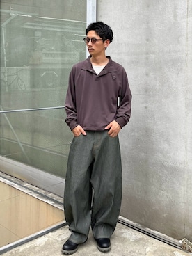 「CIAOPANIC（チャオパニック）のストラップ付スウェットポロシャツ（Tシャツ/カットソー、グレー系）」を使った、Shota Matsuokaさん（メンズ・180cm）の秋コーディネート
