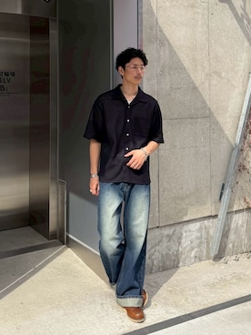 「CIAOPANIC（チャオパニック）のハーフスリーブメッシュシャツ（シャツ/ブラウス、ブラック系）」を使った、Shota Matsuokaさん（メンズ・180cm）の夏コーディネート