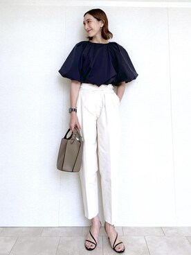 「ROPE'（ロペ）の【エディター三尋木奈保さんコラボ】前後2WAY華やぎバルーンスリーブブラウス【雑誌掲載】（シャツ/ブラウス）」を使った、horieさん（レディース・170cm）の春コーディネート