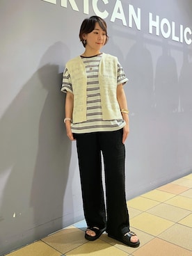 「AMERICAN HOLIC（アメリカンホリック）のバックルフラットサンダル（サンダル）」を使った、ah.susuyuさん（レディース・157cm）の夏コーディネート