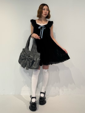 「jouetie（ジュエティ）のコットンレースフレアミニワンピース（ワンピース、ブラック系）」を使った、RINOさん（レディース・156cm）の春コーディネート