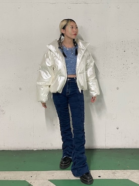 「ラメニット」｜「アイテム（ダウンジャケット/コート）」を使った、RINOさん（レディース・156cm）の冬コーディネート