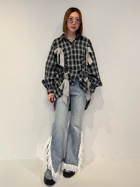 「jouetie（ジュエティ）のギャザーリボンルーズシャツ チェック柄（シャツ/ブラウス、ブラック系）」を使った、RINOさん（レディース・156cm）の春コーディネート