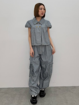 「jouetie（ジュエティ）のパフスリーブデニムジャケット【セットアップ対応】（その他トップス、ブラック系）」を使った、RINOさん（レディース・156cm）の春コーディネート