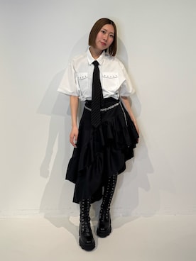 「jouetie（ジュエティ）のウエストベルトハトメチュニックシャツ（シャツ/ブラウス、ホワイト系）」を使った、RINOさん（レディース・156cm）の春コーディネート