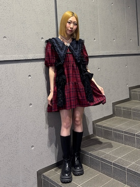 「jouetie（ジュエティ）のビッグカラーフレアミニワンピース チェック柄（ワンピース、レッド系）」を使った、RINOさん（レディース・156cm）の春コーディネート