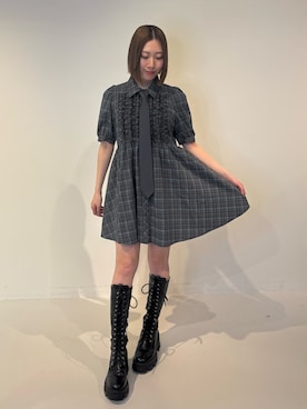 「jouetie（ジュエティ）のフロントフリルミニワンピース（ワンピース、ブルー系）」を使った、RINOさん（レディース・156cm）の春コーディネート