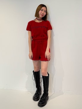 「jouetie（ジュエティ）のニットショートパンツ（その他パンツ、レッド系）」を使った、RINOさん（レディース・156cm）の春コーディネート