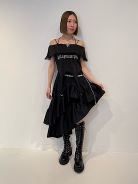 「jouetie（ジュエティ）のオフショルガータートップス（Tシャツ/カットソー、ブラック系）」を使った、RINOさん（レディース・156cm）の春コーディネート