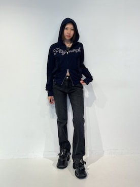 「jouetie（ジュエティ）のフリルジップフーディー（パーカー、ブルー系）」を使った、RINOさん（レディース・156cm）の夏コーディネート