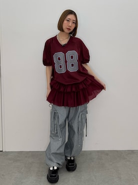 「jouetie（ジュエティ）のチュールフリルアメフトミニワンピース（ワンピース、レッド系）」を使った、RINOさん（レディース・156cm）の春コーディネート