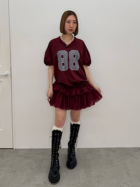 「jouetie（ジュエティ）のチュールフリルアメフトミニワンピース（ワンピース、レッド系）」を使った、RINOさん（レディース・156cm）の春コーディネート