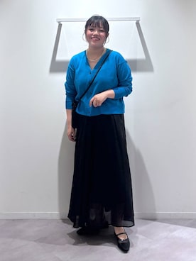 「GLOBAL WORK（グローバルワーク）のリネン混シアークルーカーディガン/650272（カーディガン/ボレロ、ブルー系）」を使った、めいめいさん（レディース・160cm）の夏コーディネート