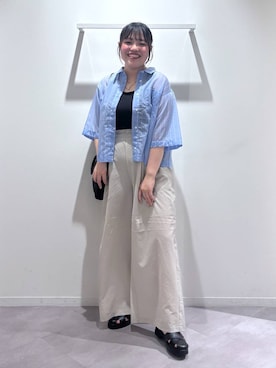 「GLOBAL WORK（グローバルワーク）のAiry Breezeワイドパンツ/636590（その他パンツ、ベージュ系）」を使った、めいめいさん（レディース・160cm）の夏コーディネート