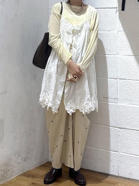 「LOWRYS FARM（ローリーズファーム）のＵＳＥＦＵＬシアープルオーバー　580950（Tシャツ/カットソー、イエロー系）」を使った、hm4150さん（レディース）の春コーディネート