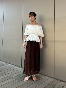 「NATURAL BEAUTY BASIC(ナチュラルビューティーベーシック)のボリュームギャザーペプラムブラウス(シャツ/ブラウス、ホワイト系)」を使った、Aya.さん(レディース・162cm)の夏コーディネート