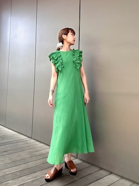 「N.(N. Natural Beauty Basic)(エヌエヌナチュラルビューティーベーシック)のデザインフリル楊柳ワンピース(ワンピース、グリーン系)」を使った、Aya.さん(レディース・162cm)の夏コーディネート