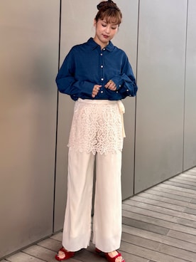 「N.(N. Natural Beauty Basic)(エヌエヌナチュラルビューティーベーシック)のレースレイヤード楊柳パンツ(その他パンツ、ホワイト系)」を使った、Aya.さん(レディース・162cm)の春コーディネート