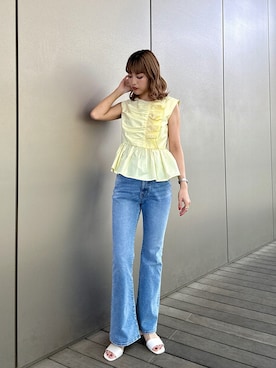 「NATURAL BEAUTY BASIC(ナチュラルビューティーベーシック)のフロントギャザーペプラムブラウス(シャツ/ブラウス、イエロー系)」を使った、Aya.さん(レディース・162cm)の夏コーディネート