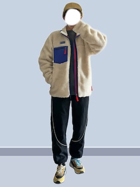 「patagonia（パタゴニア）の【Patagonia/パタゴニア】Classic Retro-X Jacket/クラシック レトロ-X ジャケット（ブルゾン、ホワイト系）」を使った、RURURUKIAさん（レディース・165cm）の春コーディネート