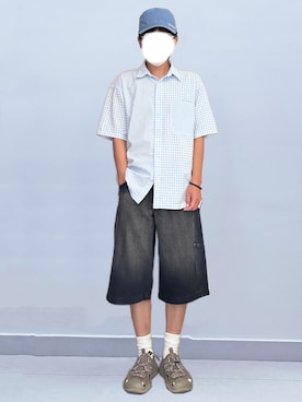 「UNIQLO（ユニクロ）のシアサッカーシャツ（半袖）（シャツ/ブラウス、ブルー系）」を使った、RURURUKIAさん（レディース・165cm）の秋コーディネート