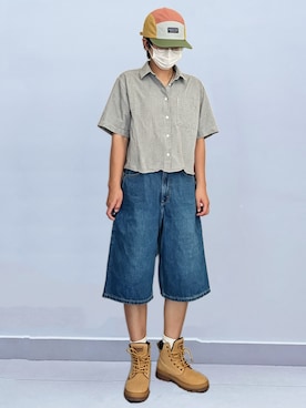 「MUJIのアイテム（Tシャツ/カットソー、グレー系）」を使った、RURURUKIAさん（レディース・165cm）の秋コーディネート