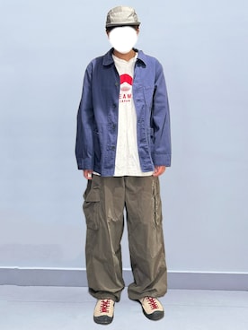 「無印良品（ムジルシリョウヒン）の紳士　木の実から作ったカポック混ヘリンボーン　カバーオール（Coverall、ブルー系）」を使った、RURURUKIAさん（レディース・165cm）の春コーディネート