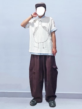 「UNIQLO（ユニクロ）のシアサッカーシャツ（半袖）（シャツ/ブラウス、ブルー系）」を使った、RURURUKIAさん（レディース・165cm）の夏コーディネート