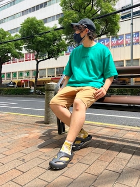 「FRUIT OF THE LOOM（フルーツオブザルーム）のアイテム（キャップ）」を使った、ROOTS_official @相互さん（メンズ・166cm）の夏コーディネート