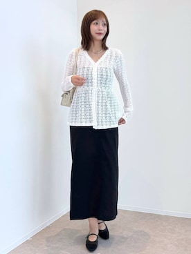 「GLOBAL WORK（グローバルワーク）のシャーリングレースペプラム/1046552（Tシャツ/カットソー、ホワイト系）」を使った、mahokurumaさん（レディース）の夏コーディネート