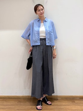 「GLOBAL WORK（グローバルワーク）のデニムライクパンツ/636574（その他パンツ、ブルー系）」を使った、mahokurumaさん（レディース）の夏コーディネート