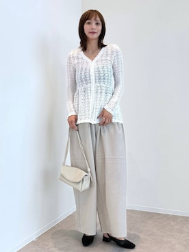 「GLOBAL WORK（グローバルワーク）のシャーリングレースペプラム/1046552（Tシャツ/カットソー、ホワイト系）」を使った、mahokurumaさん（レディース）の夏コーディネート