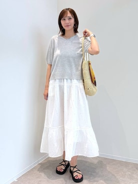 「GLOBAL WORK（グローバルワーク）のリネン混ニット2WAYプルオーバー半袖/147712（Tシャツ/カットソー、グレー系）」を使った、mahokurumaさん（レディース）の夏コーディネート
