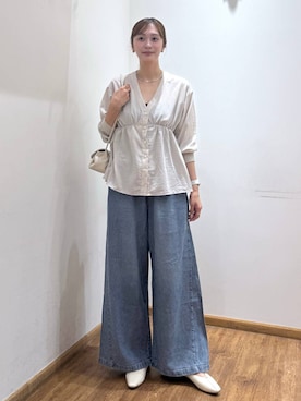 「GLOBAL WORK（グローバルワーク）のやさしソールVカットパンプス/1023336（パンプス、ベージュ系）」を使った、mahokurumaさん（レディース）の秋コーディネート