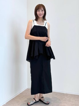 「GLOBAL WORK（グローバルワーク）のアシメヘムキャミチュニック/1017796（シャツ/ブラウス、ブラック系）」を使った、mahokurumaさん（レディース）の夏コーディネート